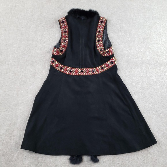 Double D Ranch Vest Women Medium Long Black Leather Beaded Removeable Fur Trim - Picture 14 of 15